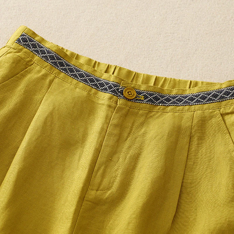 Pantaloni da donna in lino di cotone elasticizzato con tasche, tinta unita, bottoni anteriori e posteriori , Buddha Stones - Image 12