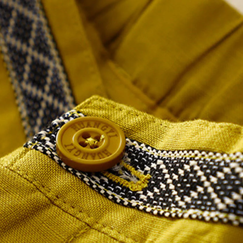 Pantaloni da donna in lino di cotone elasticizzato con tasche, tinta unita, bottoni anteriori e posteriori , Buddha Stones - Image 13