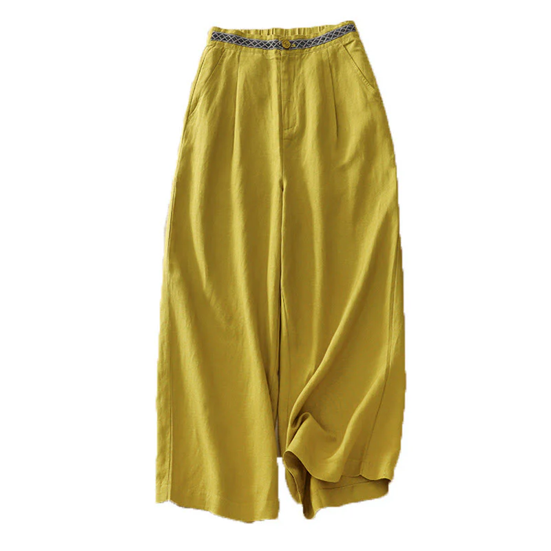 Pantaloni da donna in lino di cotone elasticizzato con tasche, tinta unita, bottoni anteriori e posteriori , Buddha Stones - Image 17