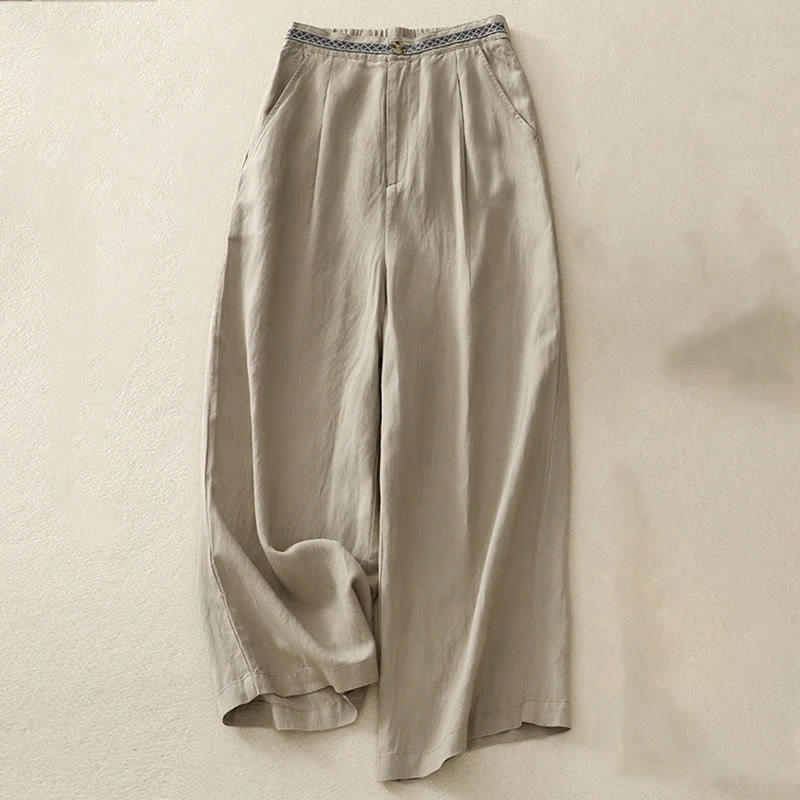 Pantaloni da donna in lino di cotone elasticizzato con tasche, tinta unita, bottoni anteriori e posteriori , Buddha Stones - Image 18