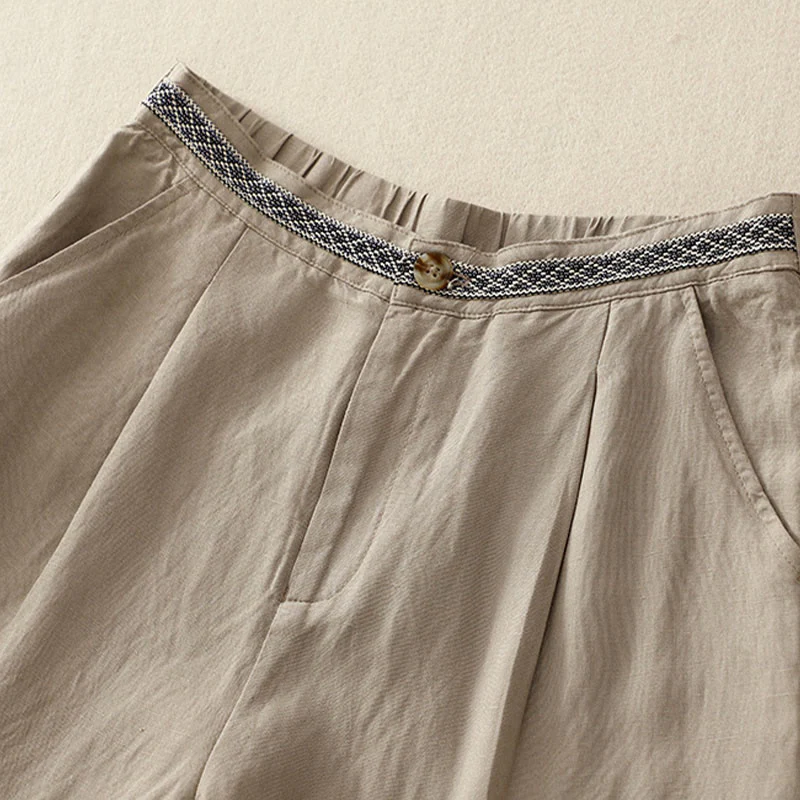 Pantaloni da donna in lino di cotone elasticizzato con tasche, tinta unita, bottoni anteriori e posteriori , Buddha Stones - Image 19