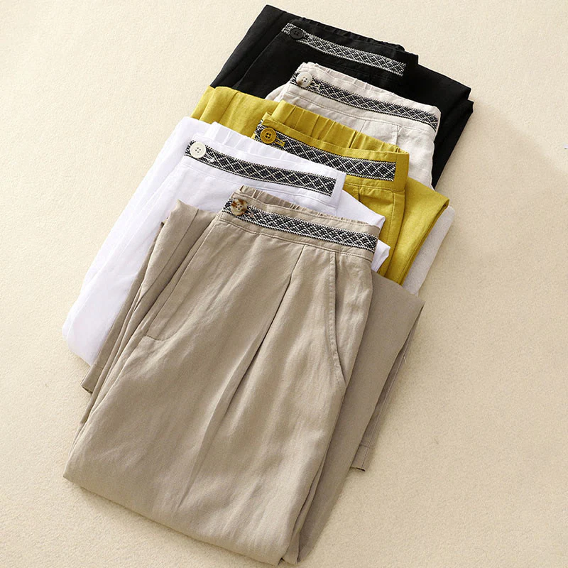 Pantaloni da donna in lino di cotone elasticizzato con tasche, tinta unita, bottoni anteriori e posteriori , Buddha Stones - Image 2