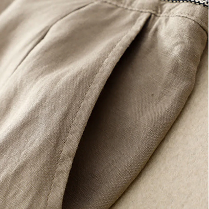 Pantaloni da donna in lino di cotone elasticizzato con tasche, tinta unita, bottoni anteriori e posteriori , Buddha Stones - Image 21