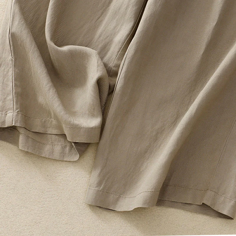 Pantaloni da donna in lino di cotone elasticizzato con tasche, tinta unita, bottoni anteriori e posteriori , Buddha Stones - Image 24