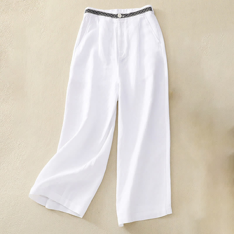 Pantaloni da donna in lino di cotone elasticizzato con tasche, tinta unita, bottoni anteriori e posteriori , Buddha Stones - Image 25