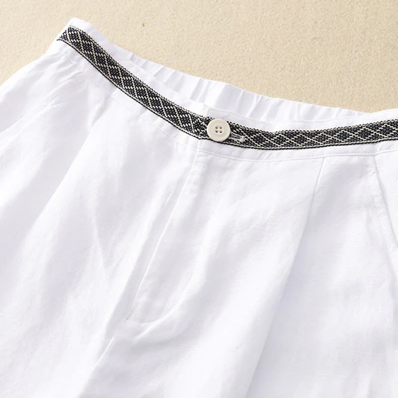 Pantaloni da donna in lino di cotone elasticizzato con tasche, tinta unita, bottoni anteriori e posteriori , Buddha Stones - Image 26