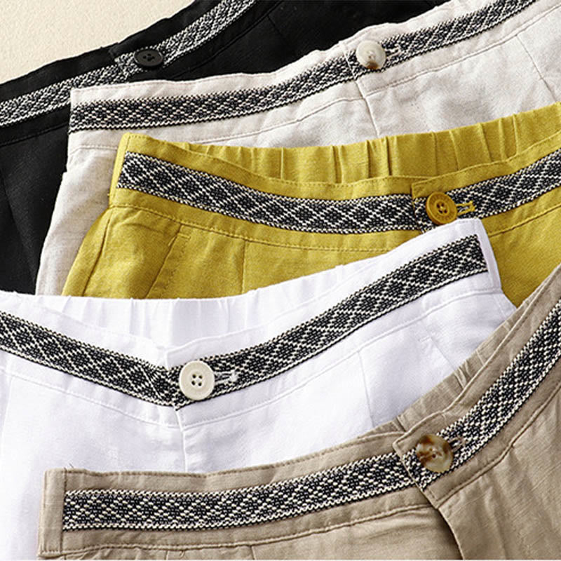 Pantaloni da donna in lino di cotone elasticizzato con tasche, tinta unita, bottoni anteriori e posteriori , Buddha Stones - Image 3
