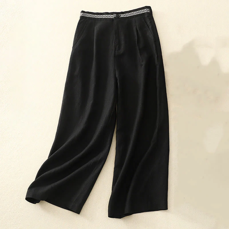 Pantaloni da donna in lino di cotone elasticizzato con tasche, tinta unita, bottoni anteriori e posteriori , Buddha Stones - Image 31