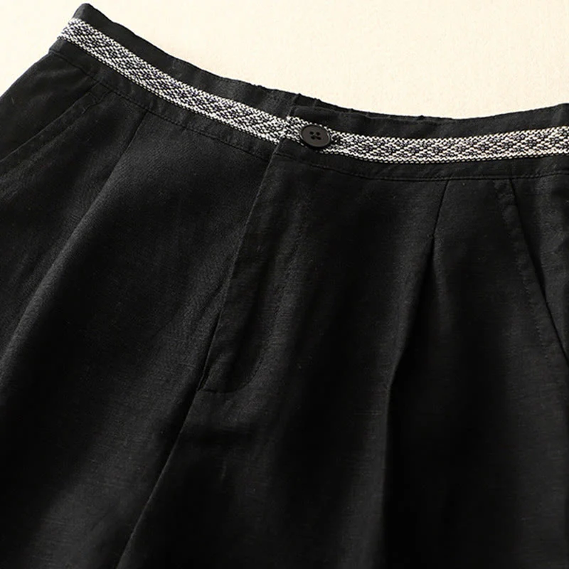 Pantaloni da donna in lino di cotone elasticizzato con tasche, tinta unita, bottoni anteriori e posteriori , Buddha Stones - Image 32