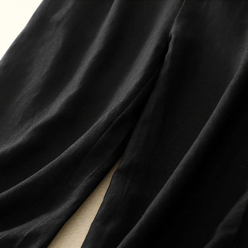 Pantaloni da donna in lino di cotone elasticizzato con tasche, tinta unita, bottoni anteriori e posteriori , Buddha Stones - Image 35