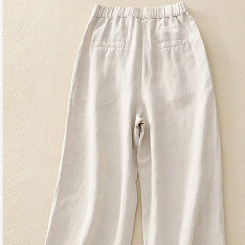 Pantaloni da donna in lino di cotone elasticizzato con tasche, tinta unita, bottoni anteriori e posteriori , Buddha Stones - Image 4