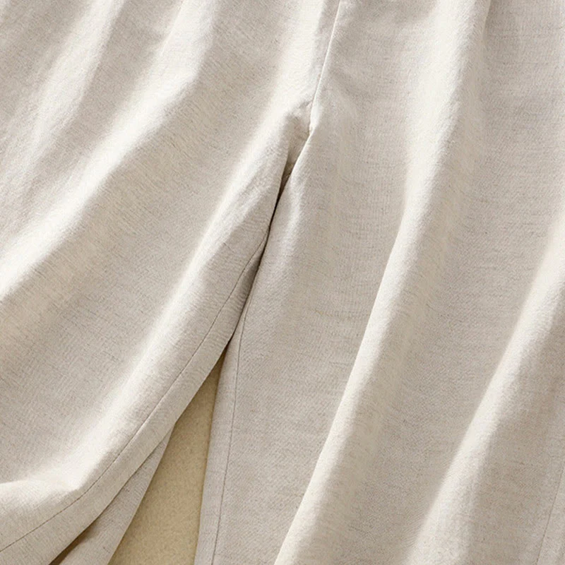 Pantaloni da donna in lino di cotone elasticizzato con tasche, tinta unita, bottoni anteriori e posteriori , Buddha Stones - Image 6