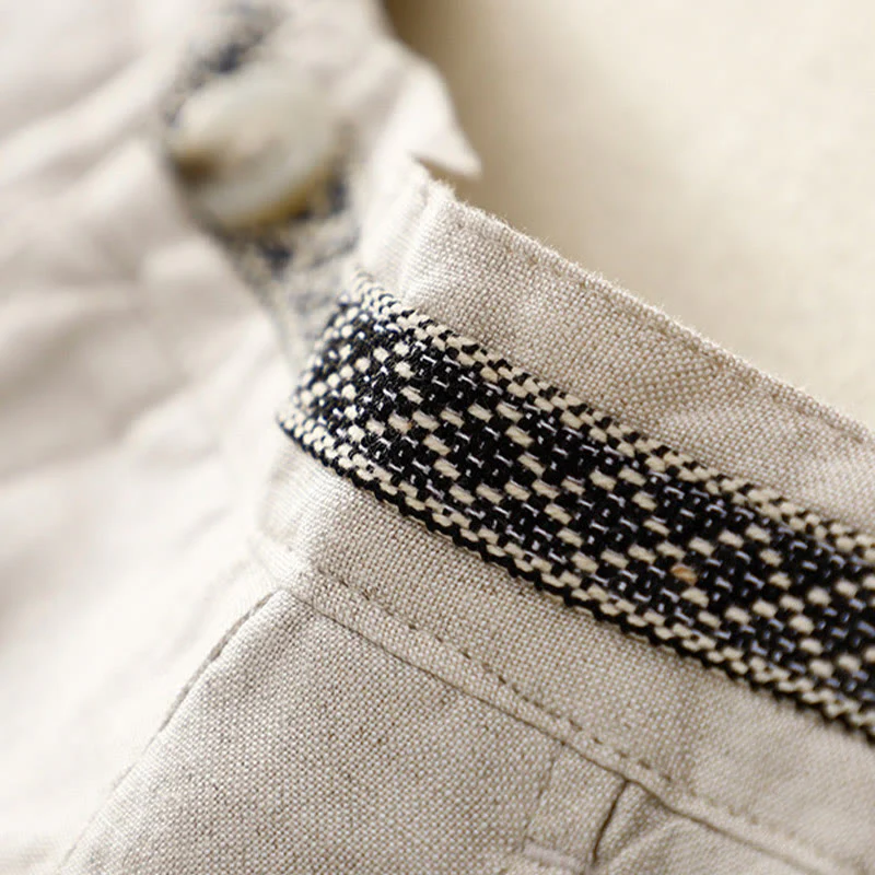 Pantaloni da donna in lino di cotone elasticizzato con tasche, tinta unita, bottoni anteriori e posteriori , Buddha Stones - Image 7