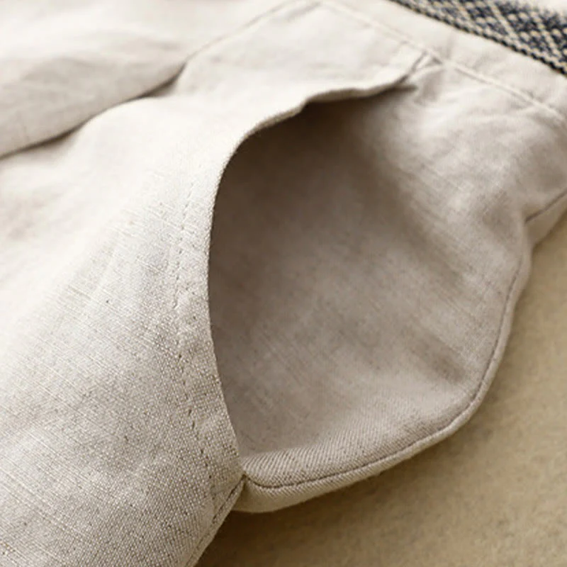 Pantaloni da donna in lino di cotone elasticizzato con tasche, tinta unita, bottoni anteriori e posteriori , Buddha Stones - Image 9