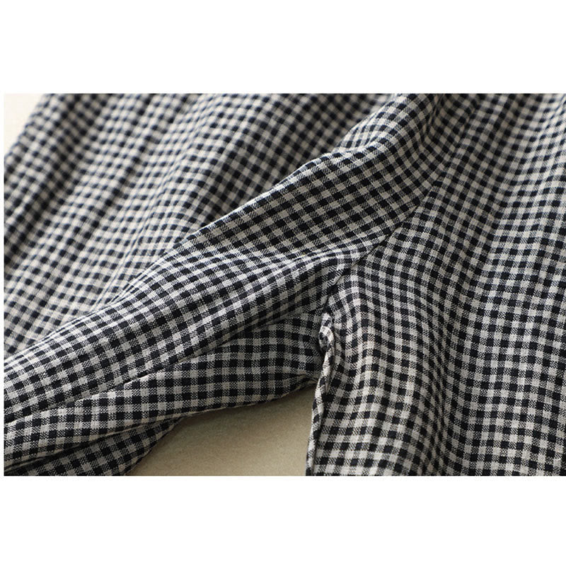 Pantaloni da donna in lino e cotone a gamba larga con tasche, modello casual a quadri Buddha Stones Commute, lunghezza 7-8 - Image 15