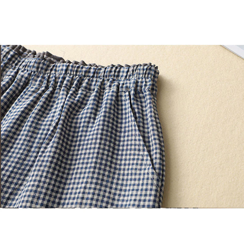 Pantaloni da donna in lino e cotone a gamba larga con tasche, modello casual a quadri Buddha Stones Commute, lunghezza 7-8 - Image 7