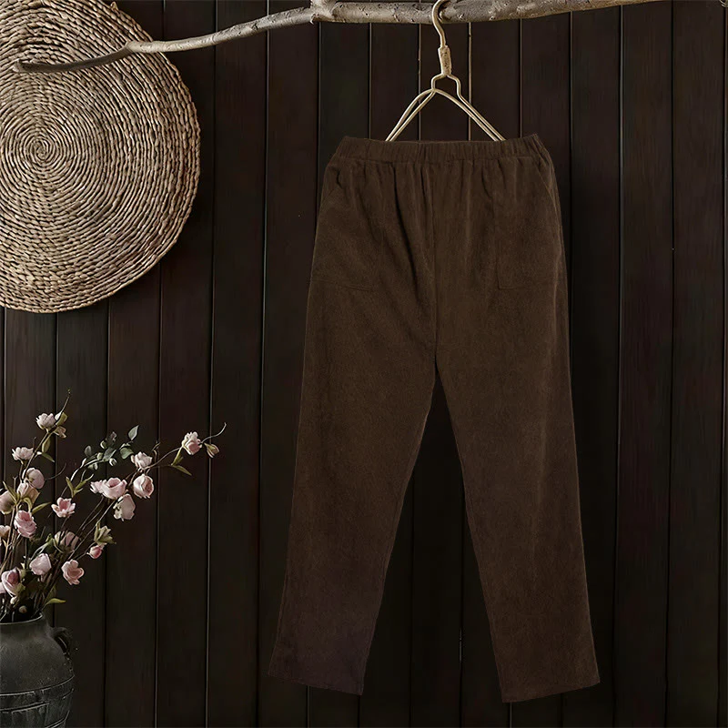 Pantaloni da donna in velluto a coste color puro Buddha Stones con tasche