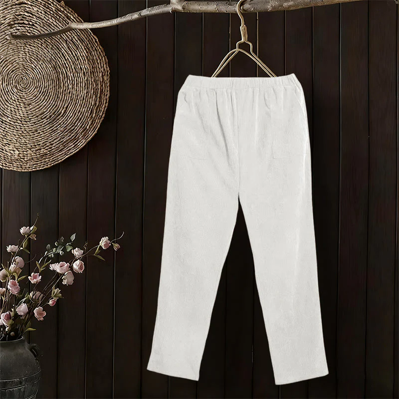 Pantaloni da donna in velluto a coste color puro Buddha Stones con tasche - Image 10