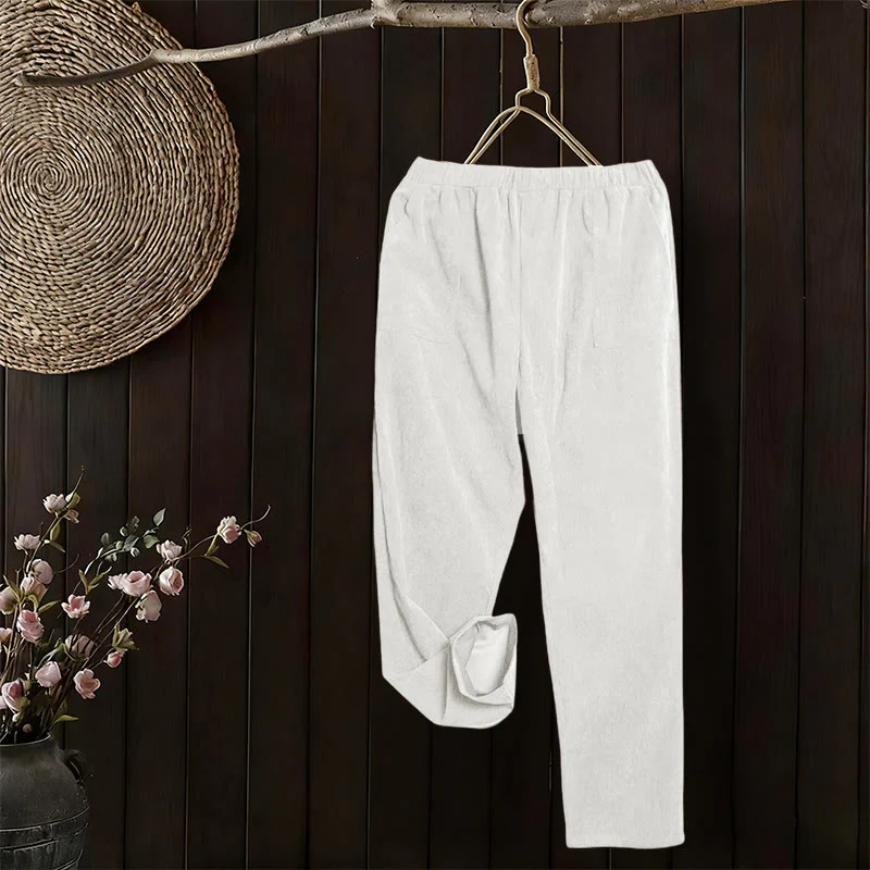 Pantaloni da donna in velluto a coste color puro Buddha Stones con tasche - Image 11