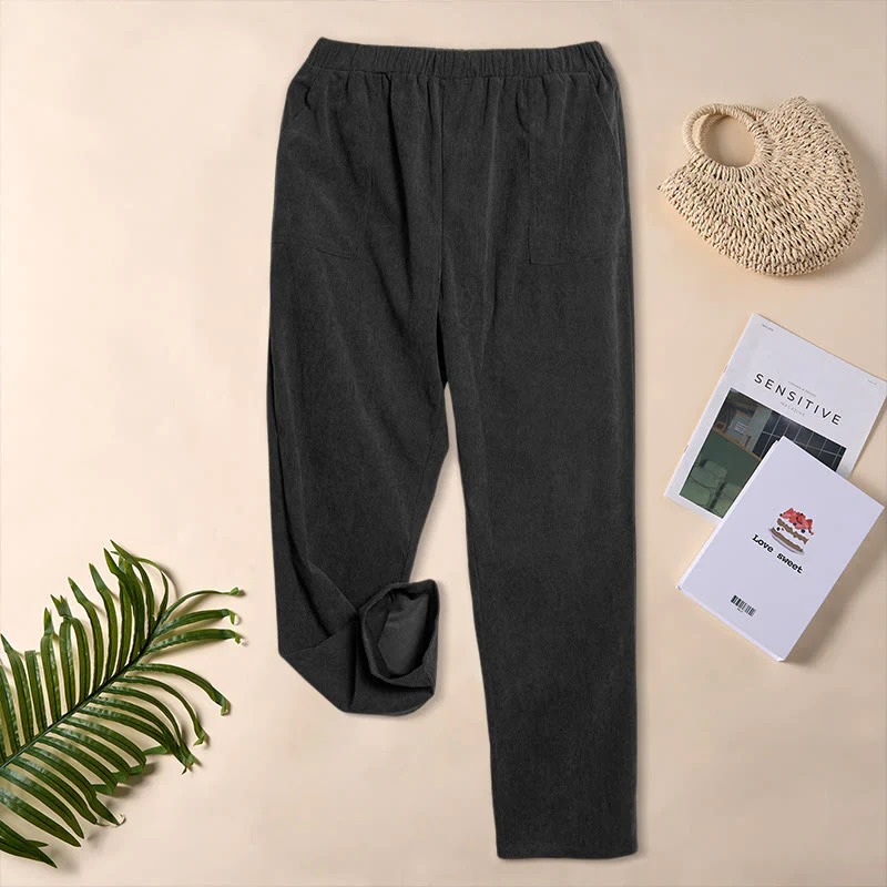 Pantaloni da donna in velluto a coste color puro Buddha Stones con tasche - Image 14