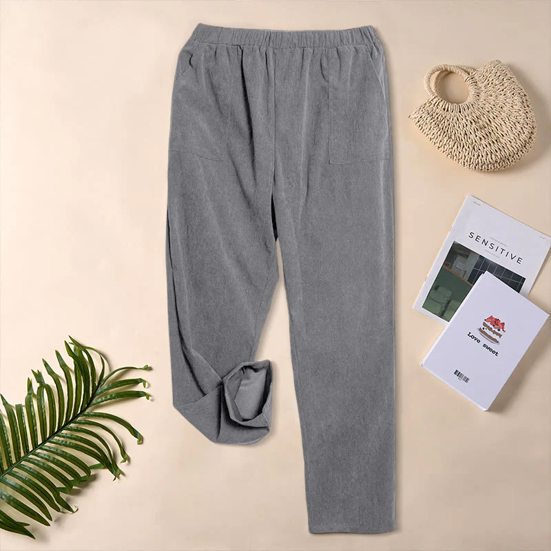 Pantaloni da donna in velluto a coste color puro Buddha Stones con tasche - Image 16
