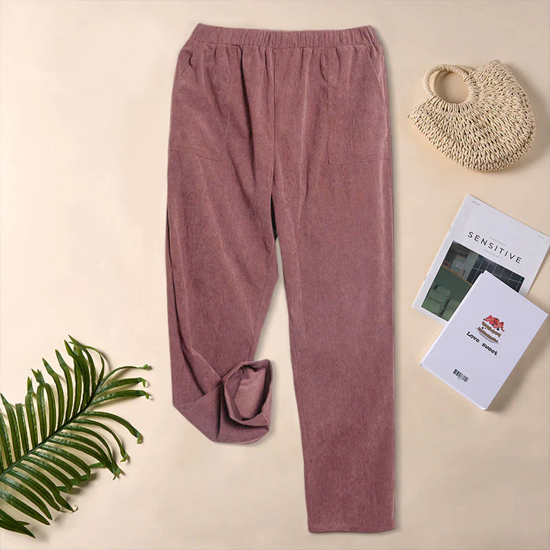Pantaloni da donna in velluto a coste color puro Buddha Stones con tasche - Image 18