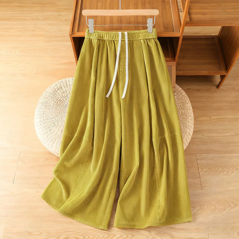 Pantaloni da donna in velluto a coste con elastico in vita, lunghezza 7-8, gamba larga, Buddha Stones - Image 2