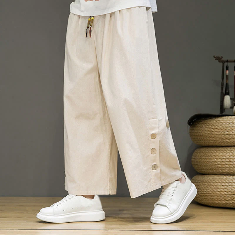 Pantaloni da uomo a gamba dritta con tasche, coulisse, bottoni in lino tinta unita con Buddha Stones