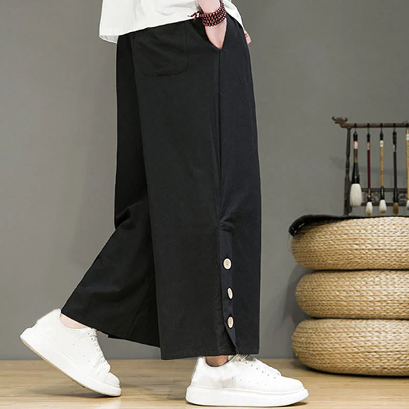 Pantaloni da uomo a gamba dritta con tasche, coulisse, bottoni in lino tinta unita con Buddha Stones - Image 10