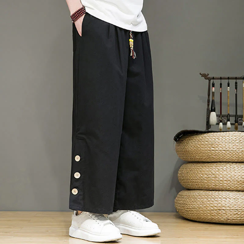 Pantaloni da uomo a gamba dritta con tasche, coulisse, bottoni in lino tinta unita con Buddha Stones - Image 13