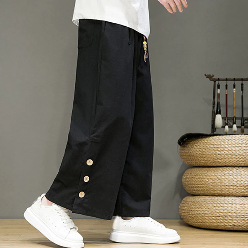 Pantaloni da uomo a gamba dritta con tasche, coulisse, bottoni in lino tinta unita con Buddha Stones - Image 14