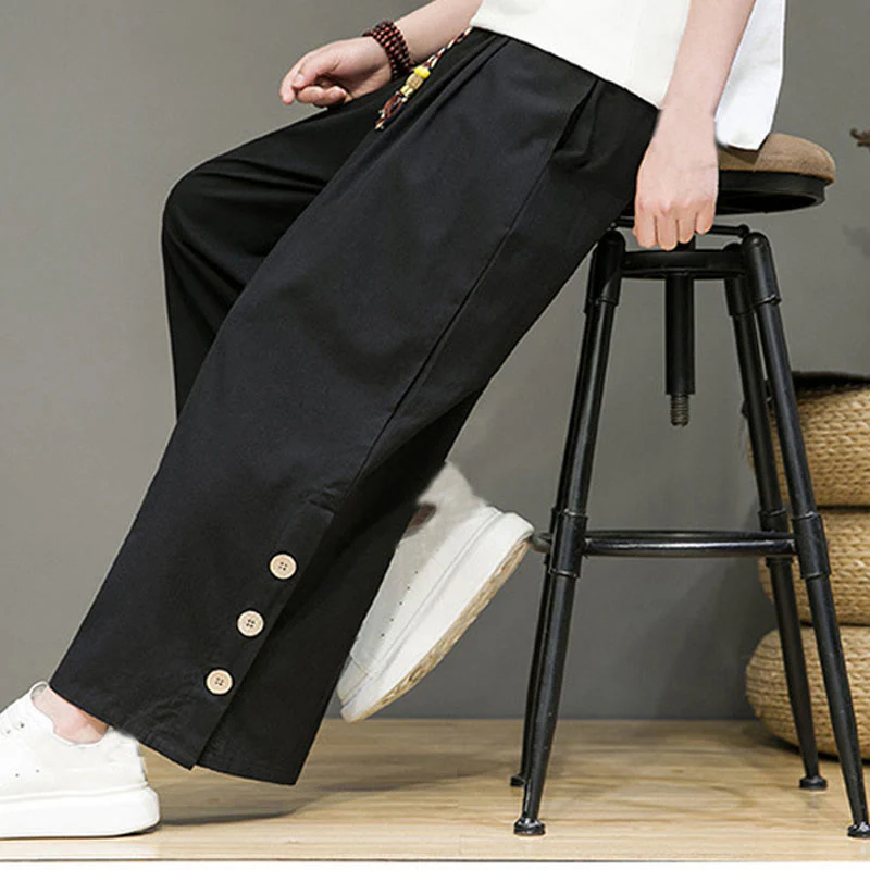 Pantaloni da uomo a gamba dritta con tasche, coulisse, bottoni in lino tinta unita con Buddha Stones - Image 15
