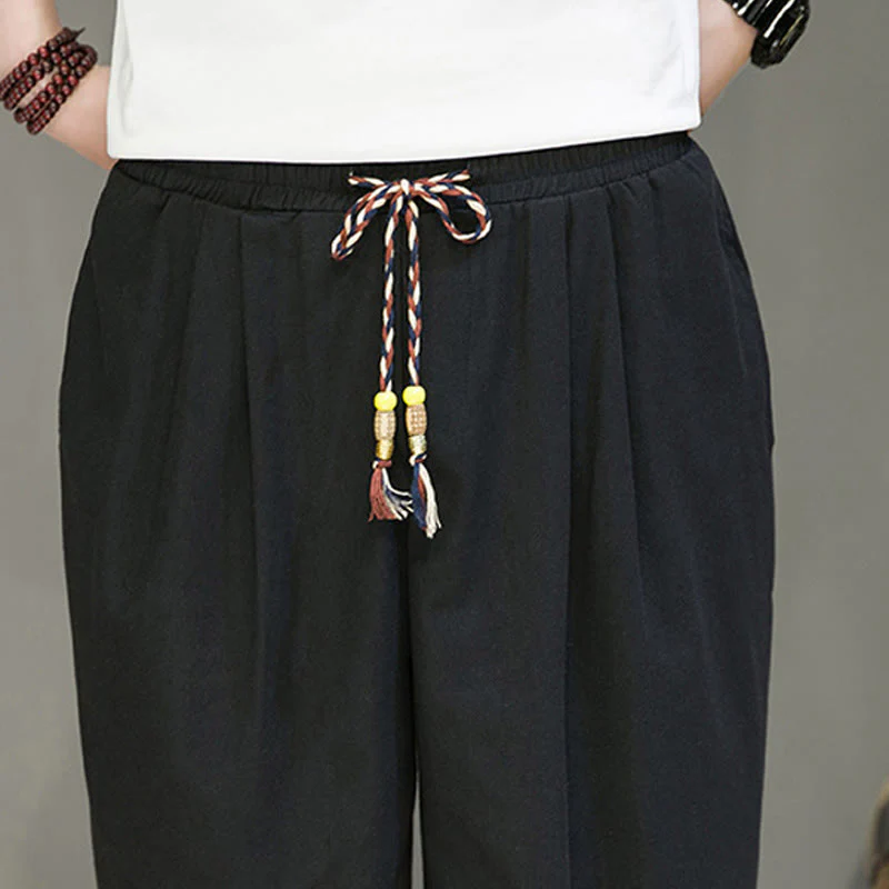 Pantaloni da uomo a gamba dritta con tasche, coulisse, bottoni in lino tinta unita con Buddha Stones - Image 16