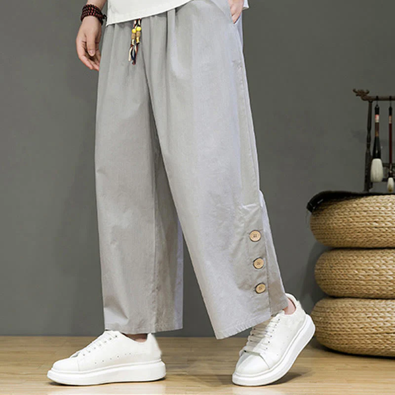 Pantaloni da uomo a gamba dritta con tasche, coulisse, bottoni in lino tinta unita con Buddha Stones - Image 17