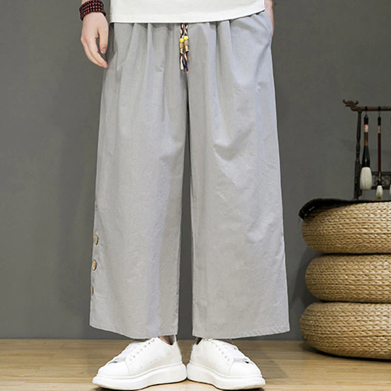 Pantaloni da uomo a gamba dritta con tasche, coulisse, bottoni in lino tinta unita con Buddha Stones - Image 18