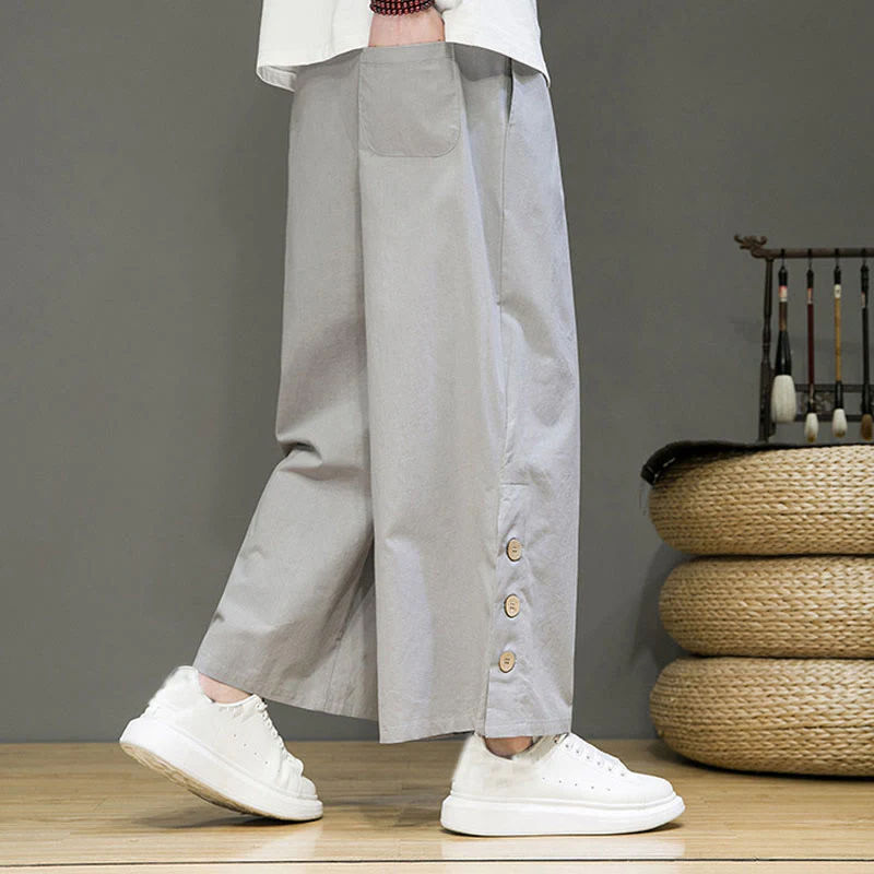 Pantaloni da uomo a gamba dritta con tasche, coulisse, bottoni in lino tinta unita con Buddha Stones - Image 19