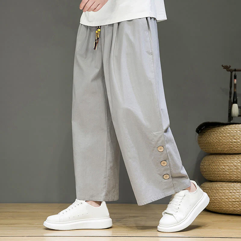 Pantaloni da uomo a gamba dritta con tasche, coulisse, bottoni in lino tinta unita con Buddha Stones - Image 20