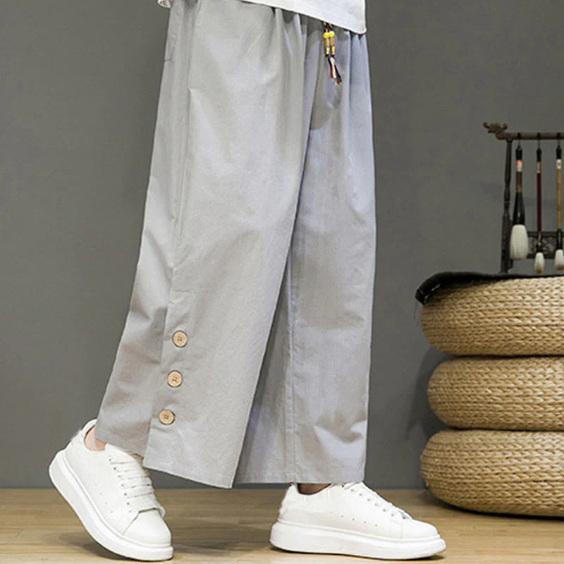 Pantaloni da uomo a gamba dritta con tasche, coulisse, bottoni in lino tinta unita con Buddha Stones - Image 21