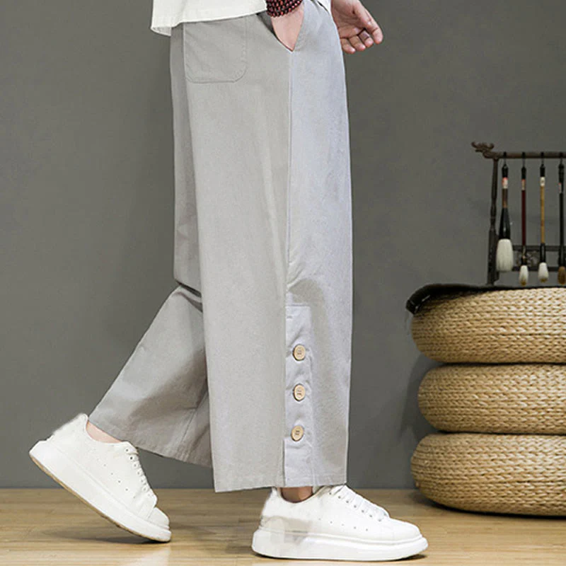 Pantaloni da uomo a gamba dritta con tasche, coulisse, bottoni in lino tinta unita con Buddha Stones - Image 22