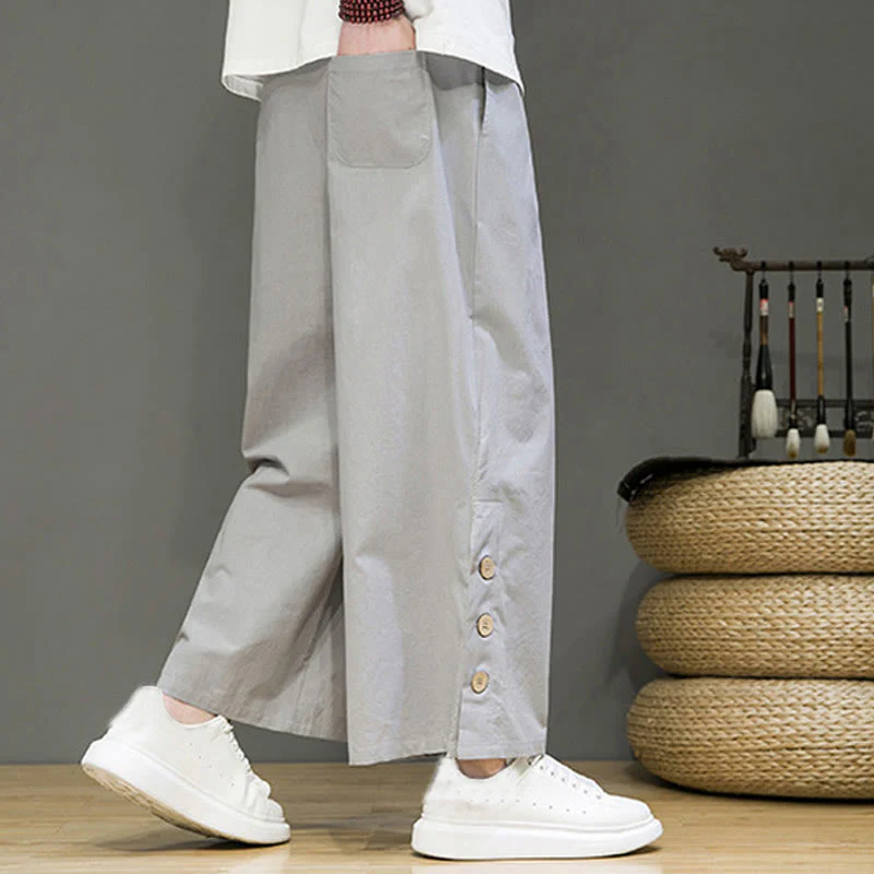 Pantaloni da uomo a gamba dritta con tasche, coulisse, bottoni in lino tinta unita con Buddha Stones - Image 23