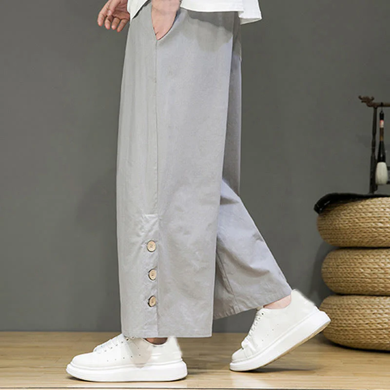 Pantaloni da uomo a gamba dritta con tasche, coulisse, bottoni in lino tinta unita con Buddha Stones - Image 24