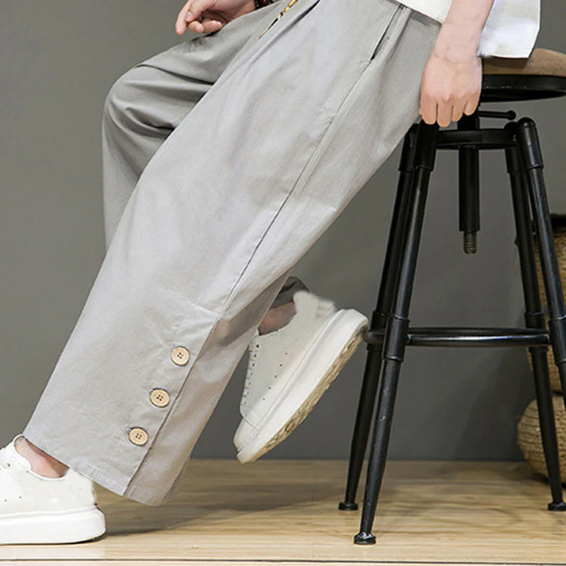 Pantaloni da uomo a gamba dritta con tasche, coulisse, bottoni in lino tinta unita con Buddha Stones - Image 25