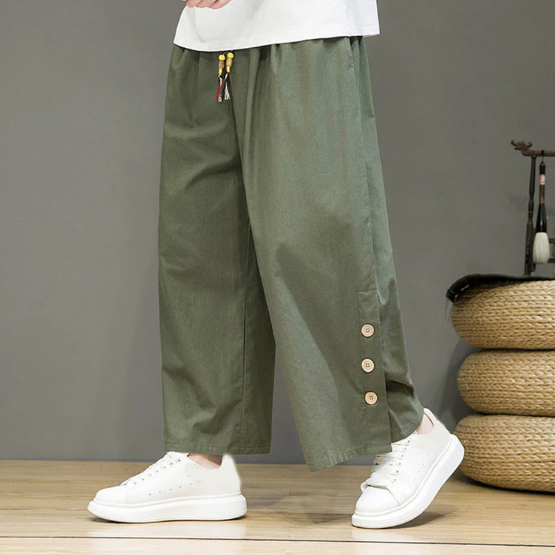 Pantaloni da uomo a gamba dritta con tasche, coulisse, bottoni in lino tinta unita con Buddha Stones - Image 26