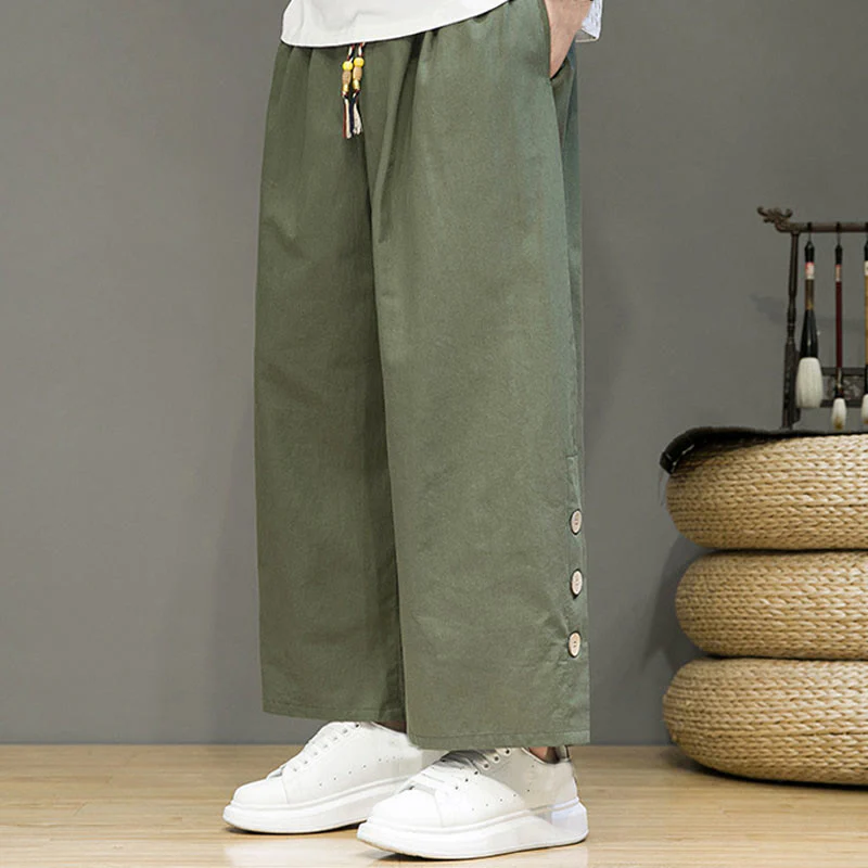 Pantaloni da uomo a gamba dritta con tasche, coulisse, bottoni in lino tinta unita con Buddha Stones - Image 27