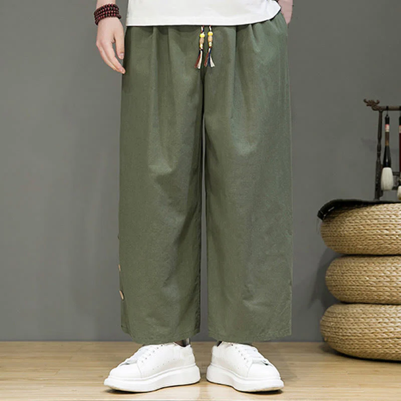 Pantaloni da uomo a gamba dritta con tasche, coulisse, bottoni in lino tinta unita con Buddha Stones - Image 28