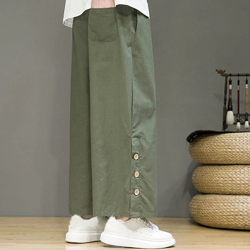 Pantaloni da uomo a gamba dritta con tasche, coulisse, bottoni in lino tinta unita con Buddha Stones - Image 29