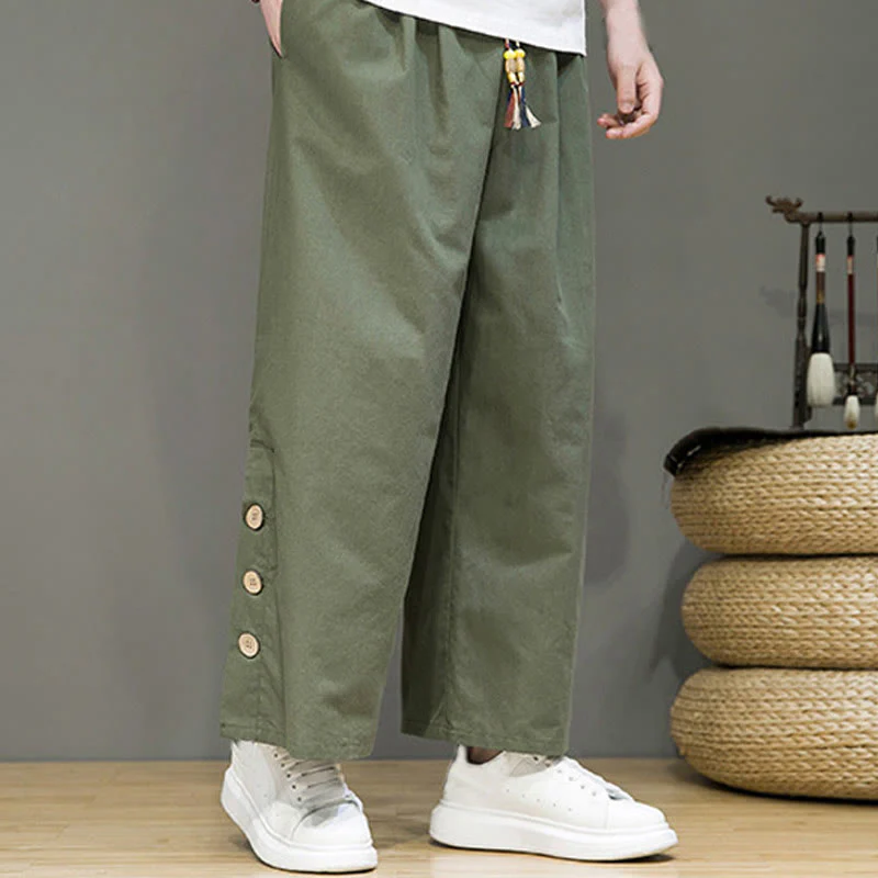 Pantaloni da uomo a gamba dritta con tasche, coulisse, bottoni in lino tinta unita con Buddha Stones - Image 30