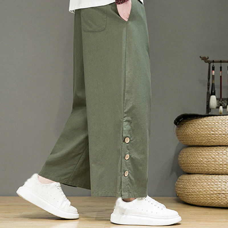 Pantaloni da uomo a gamba dritta con tasche, coulisse, bottoni in lino tinta unita con Buddha Stones - Image 31