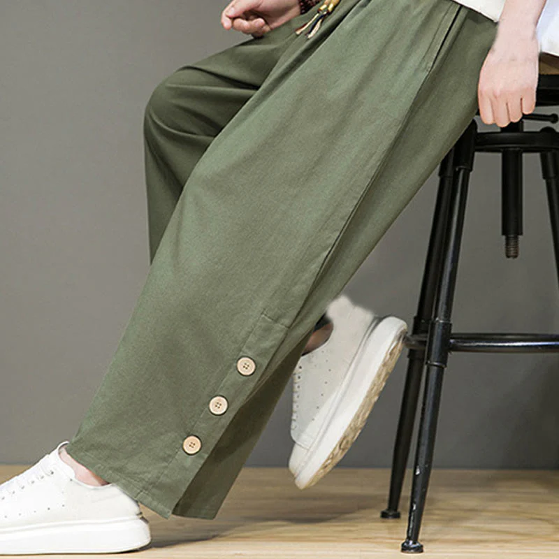Pantaloni da uomo a gamba dritta con tasche, coulisse, bottoni in lino tinta unita con Buddha Stones - Image 33