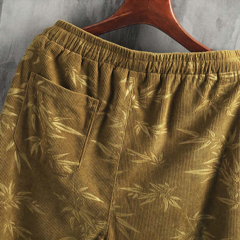 Pantaloni da uomo a gamba larga in velluto a coste con coulisse, in cotone, con tasche, motivo Buddha Stones Bamboo Leaves - Image 12